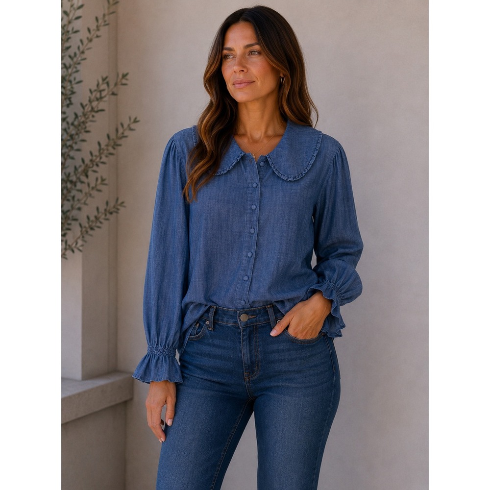 Jane + Delancey Blue Lyocell Peter Pan Collar Ruffle Smocked Blouse Sz L Peasant